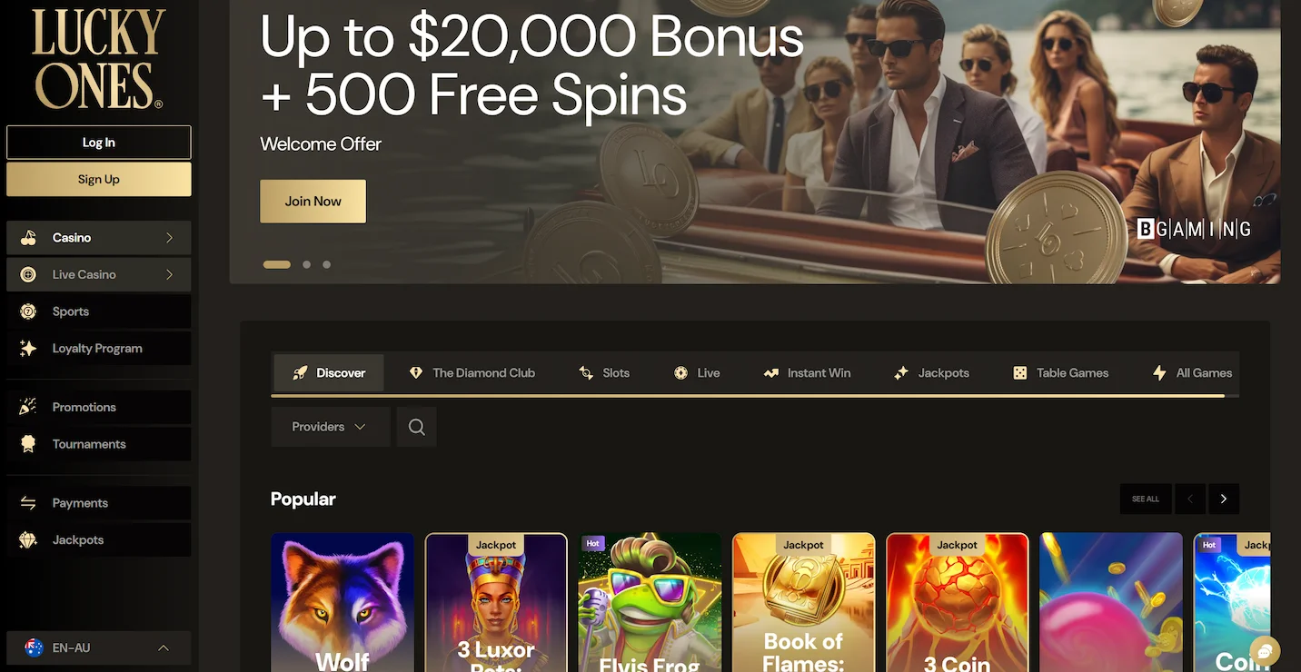 LuckyOnes casino frontpage displaying welcome offer, popular online pokies and site navigation