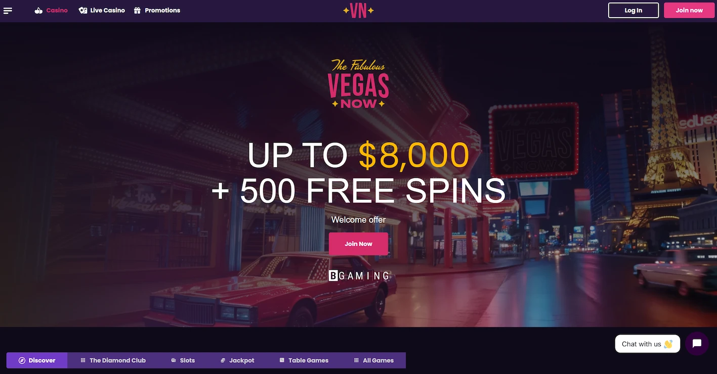 VegasNow casino frontpage displaying welcome offer and site navigation